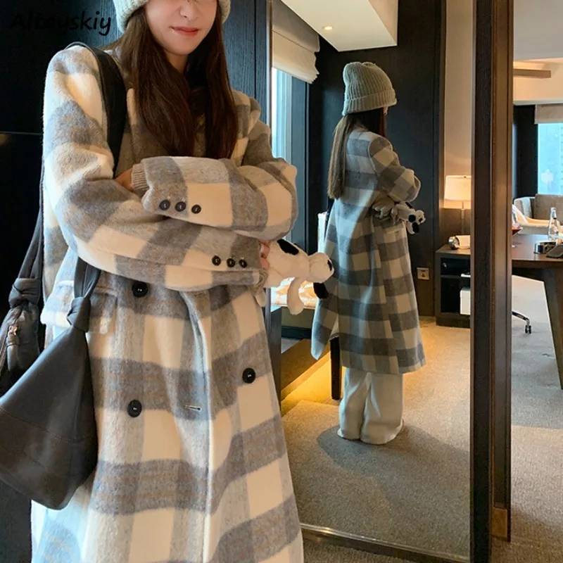 Blends Women Autumn Winter Elegant Ladies Temperament Plaid Button Trendy Loose All-match Warm Streetwear X-long Coats Ulzzang