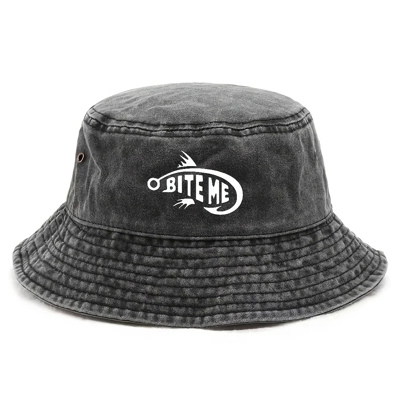 Lustiger Vintage Fischerhut in Distressed-Optik in Schwarz mit der Aufschrift „Bite Me“, humorvoller Fischerhut exklusiv für Angler