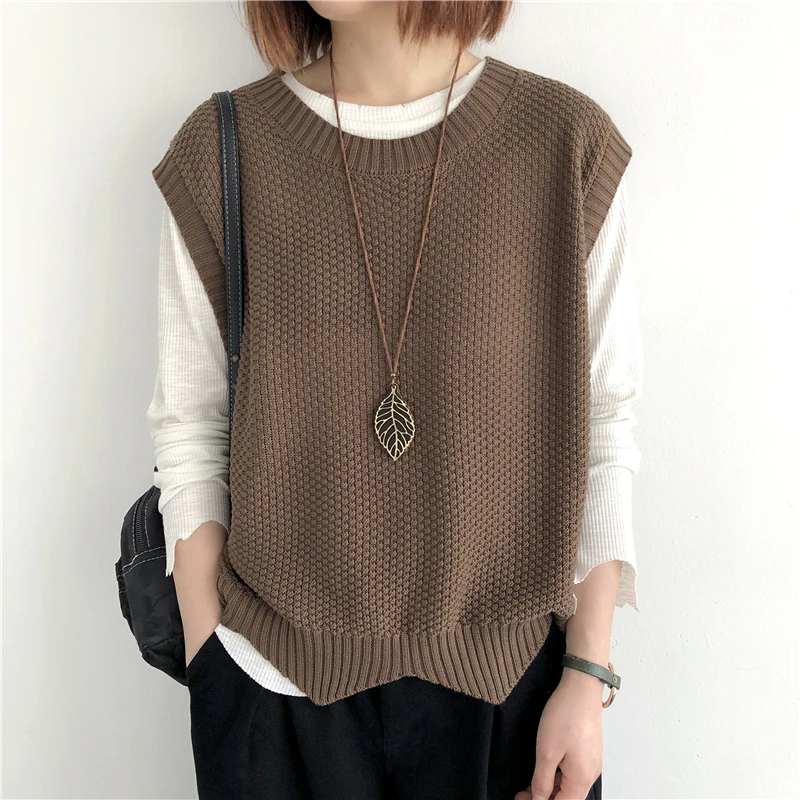 One Size Knitted Vest Women\'s Sleeveless Vest Round Neck Early Autumn Irregular Pullover Top Layered Over Western Style Sweater