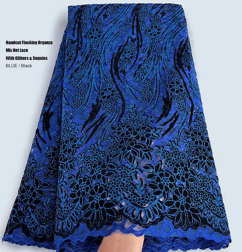 

African Flocking Velvet Organza Lace Textured Mesh Tulle French Net Fabric with Sequins Glitters Nigeria Occasional Wear Garment