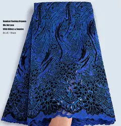 African Flocking Velvet Organza Lace Textured Mesh Tulle French Net Fabric with Sequins Glitters Nigeria Occasional Wear Garment