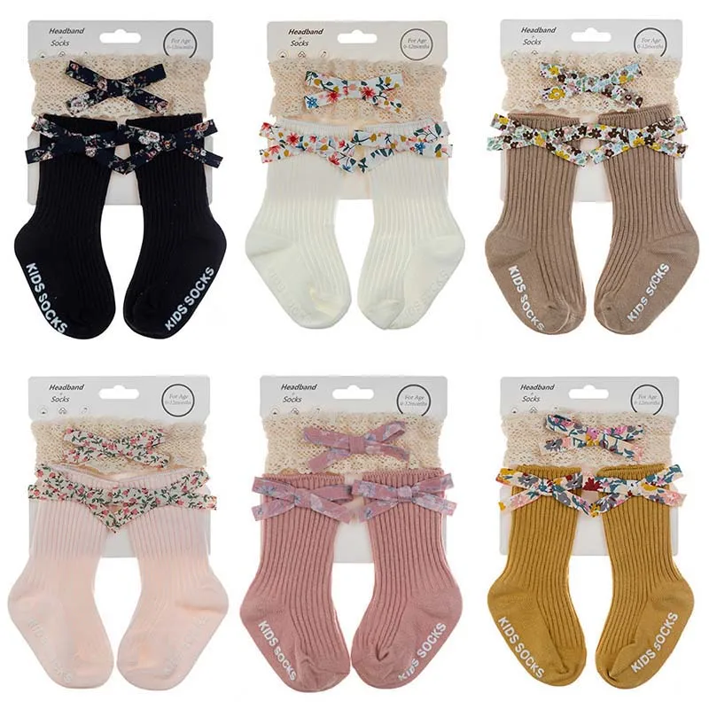 

Korean Kids Lace Headband Socks Set Girls Baby Cute Hair Bands Vintage Flower Bow Anti-Slip Crawl Sock Infants Accessories 1-3Y