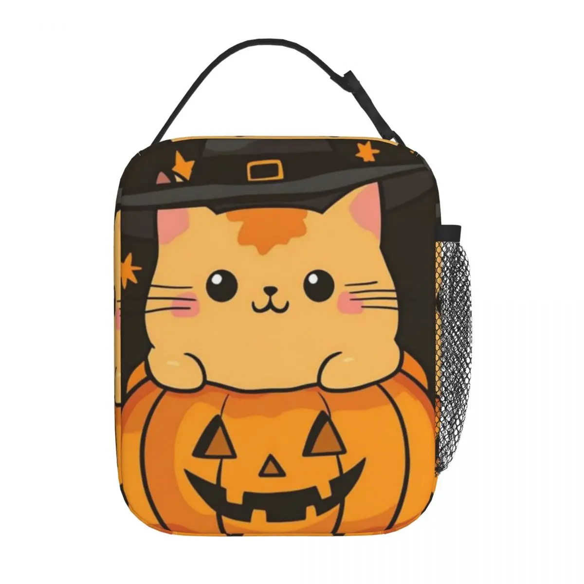 Cute Kitten And Pumpkin Lantern Pattern Insulated Lunch Bag for Women Children Portable Food Boxes Thermal Lunch Box Tote