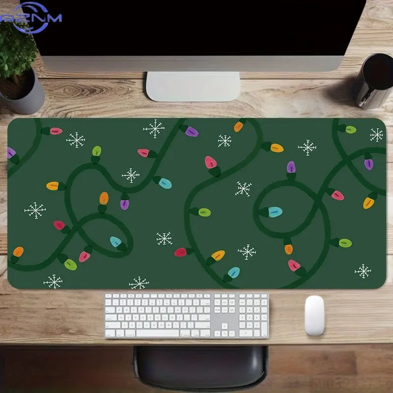 Winter Snowflake Colorful String Lights Extended Mousepad, Xmas Decor Office Keyboard Desk Rug