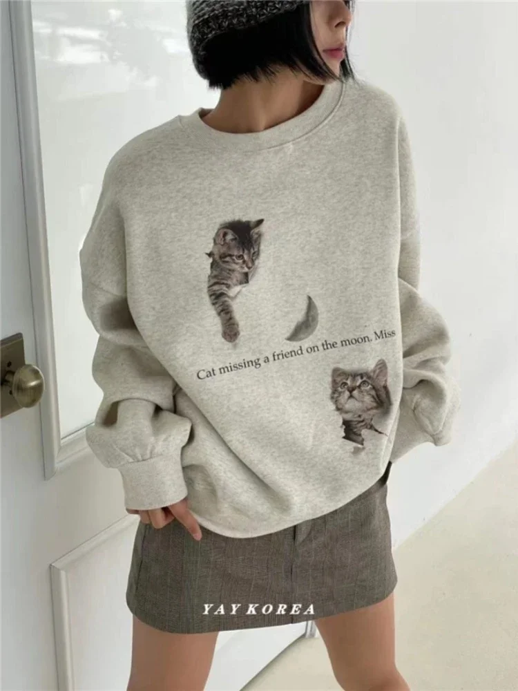 Hikigawa-Sweats à capuche vintage à col rond pour femmes, imprimé chat mignon simple, mode coréenne, PVD, Y2K, Y-adt, hiver