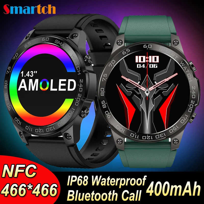 

Смарт-часы NFC для мужчин и женщин 1,43 дюйма AMOLED 466*466PX 400 мАч с синим зубом, водонепроницаемые умные часы, мониторинг сердечного ритма и здоровья