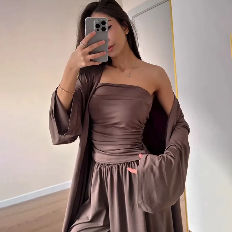 موضة خريف وشتاء 2025 للسيدات معطف جديد بلون سادة وأكمام طويلة طقم تنورة طويلة 789