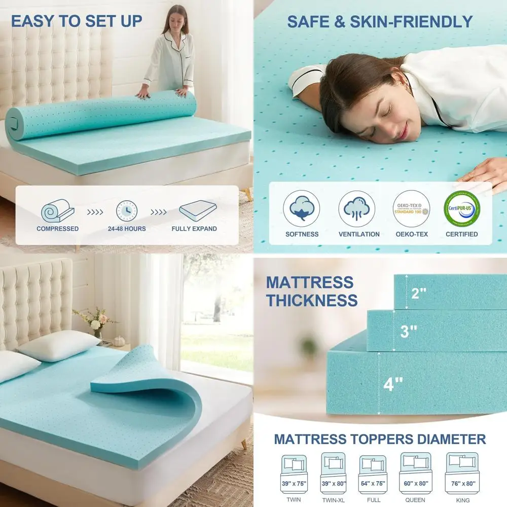 

Full Size Gel-Infused Memory Foam Mattress Topper - Ventilated Soft Blue Mattress Pad
