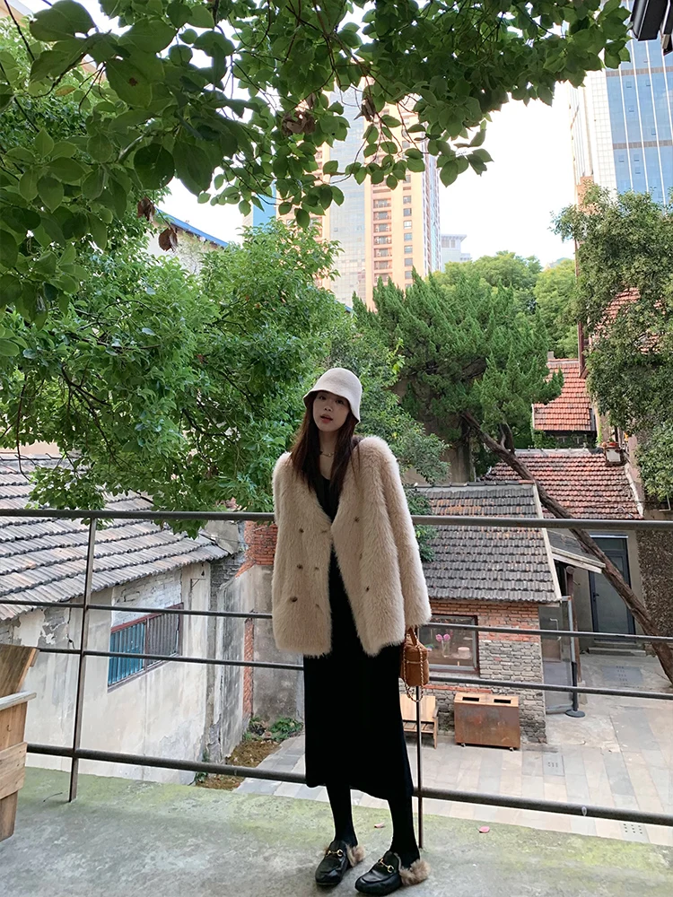 

77Store экологически чистая женская шуба из искусственного меха с V-образным вырезом, свободные меховые и кожаные интегрированные зимние новые Sle Commute Sle Long Sve