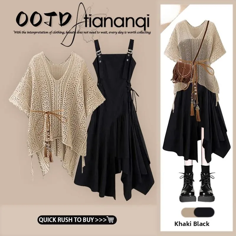 

Large Size Summer Outfit Retro Ethnic Style New Cover up High End Sensation Strap Dress Two Piece Set V Neck Short Sleeve Sev...