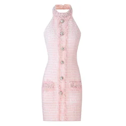 Summer Sexy Hanging Neck Open Back Dress, Sleeveless Small Sexy Dress, Beaded Craft, Fashion Wrapped Hip Fringe Skirt,