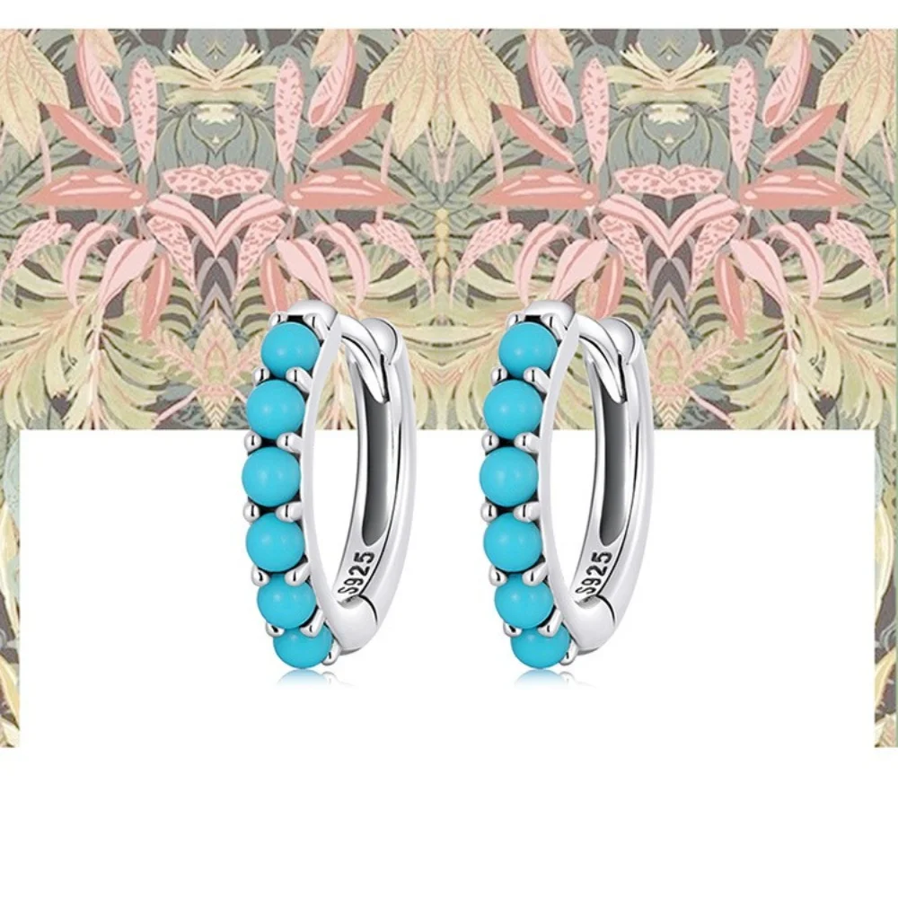 Exotic Ethnic Style Simple Turquoise Hoop Earring Vintage Non Tarnish Womens 925 Silver Earring