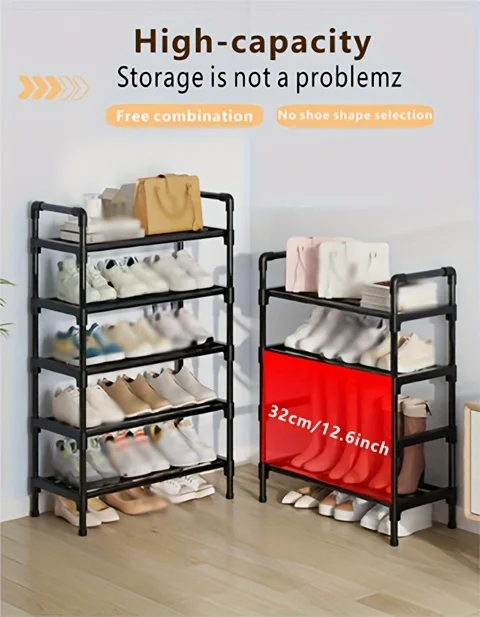 Mehrstöckiges Schuhregal aus Metall, stapelbarer Organizer, freistehend, schwarz, platzsparende Aufbewahrung für Schrank, Schlafzimmer, Innen- und Außenbereich – Detail 10