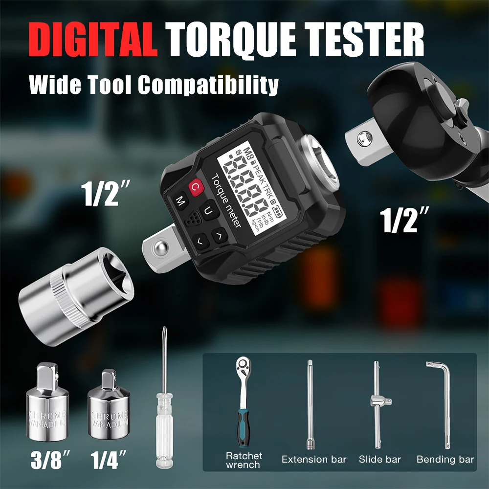 Digital Torque Adapter 17-340NM, High Precision Torque Tester with LED & Buzzer Alarm, Ideal for Automotive and Motorcycle