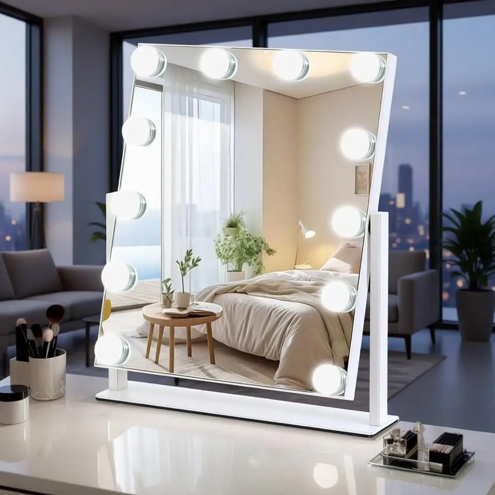 

Dimmable 12-Bulb Makeup Mirror, 13 x 11 Desk Vanity Mirror, 3 Color Modes, Touch Control, 360° Rotation