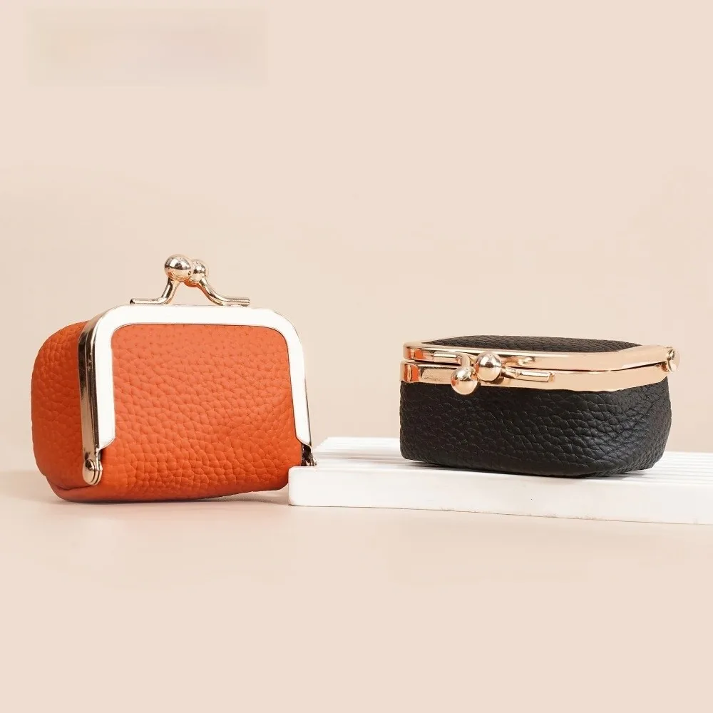 Genuine Leather Kiss Lock Coin Purse Solid Color Multifunctional Leather Jewelry Bag Square Mini Small Item Bag Woman Girl