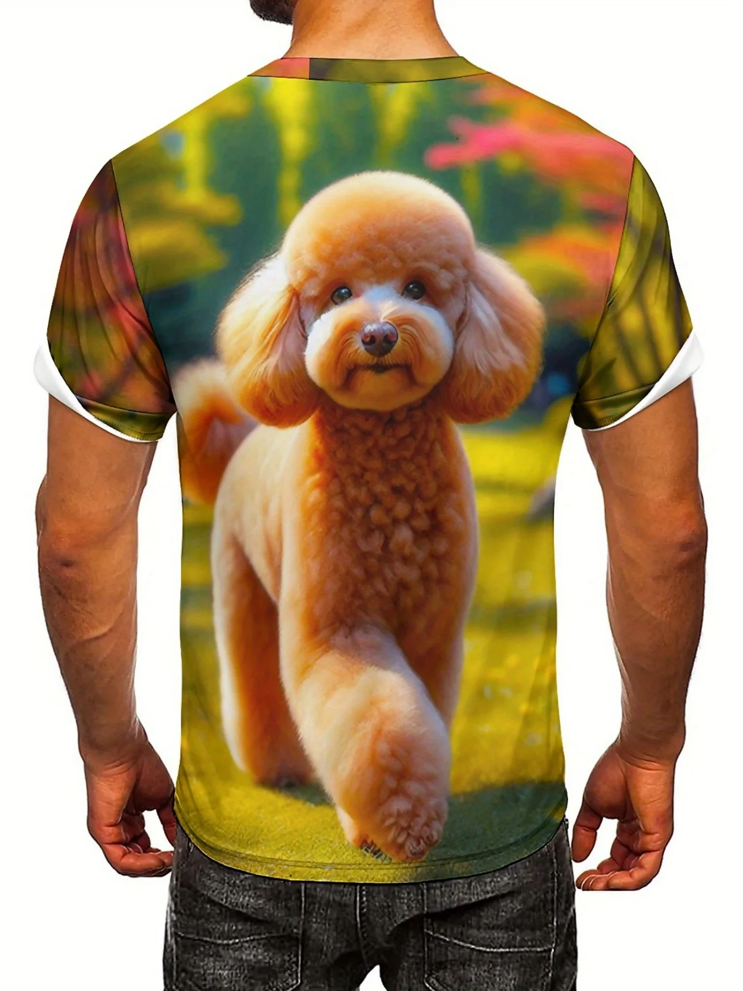 Camiseta masculina e feminina com estampa 3D tie-dye primavera/verão – tecido de poliéster macio, gráfico de poodle fofo