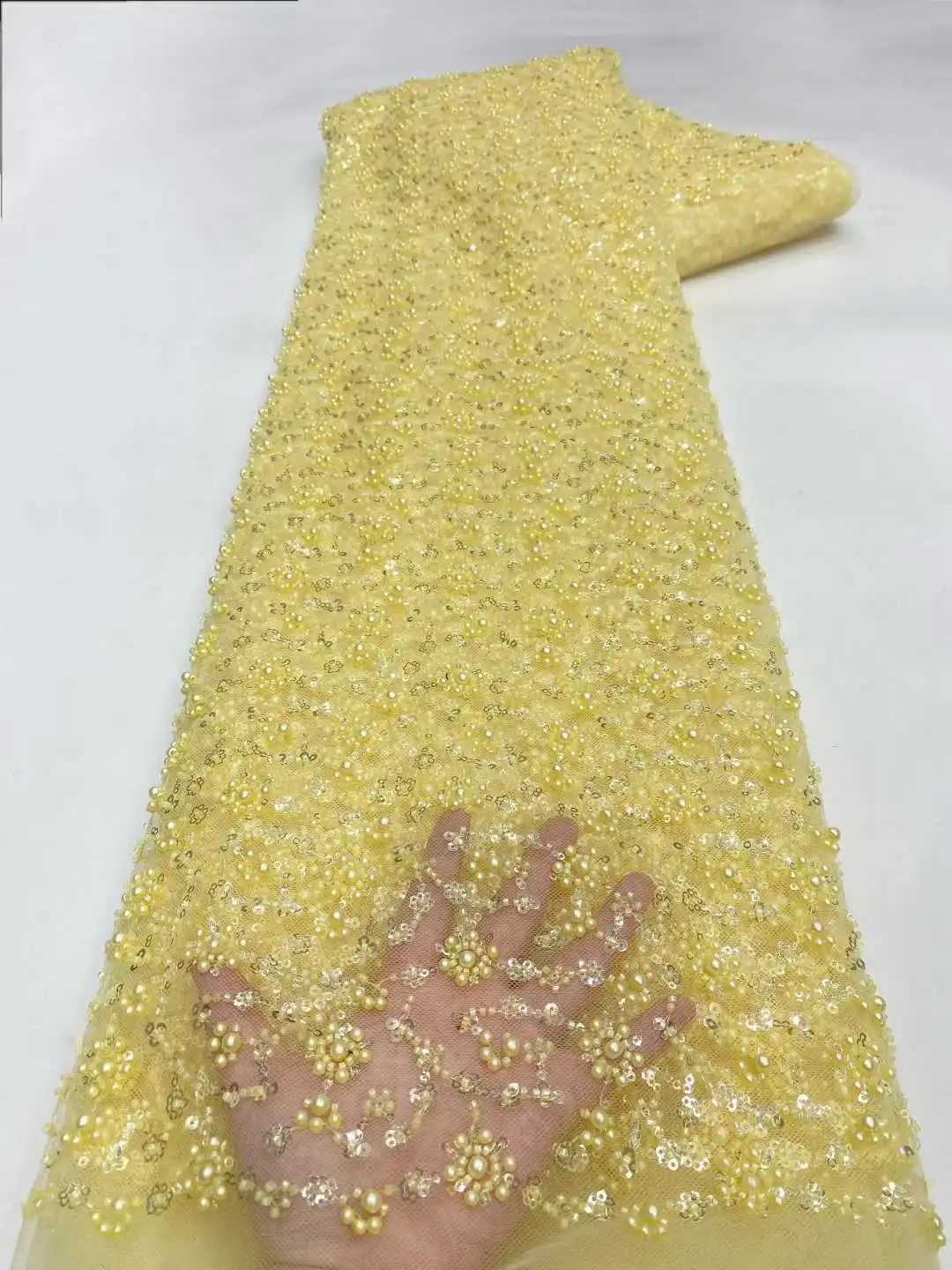 

African Luxury Beaded Tulle Lace Fabric 2026 Nigerian Handmade Heavy Sequins Lace Fabric Fro Bridal Wedding Dress Party Sewing