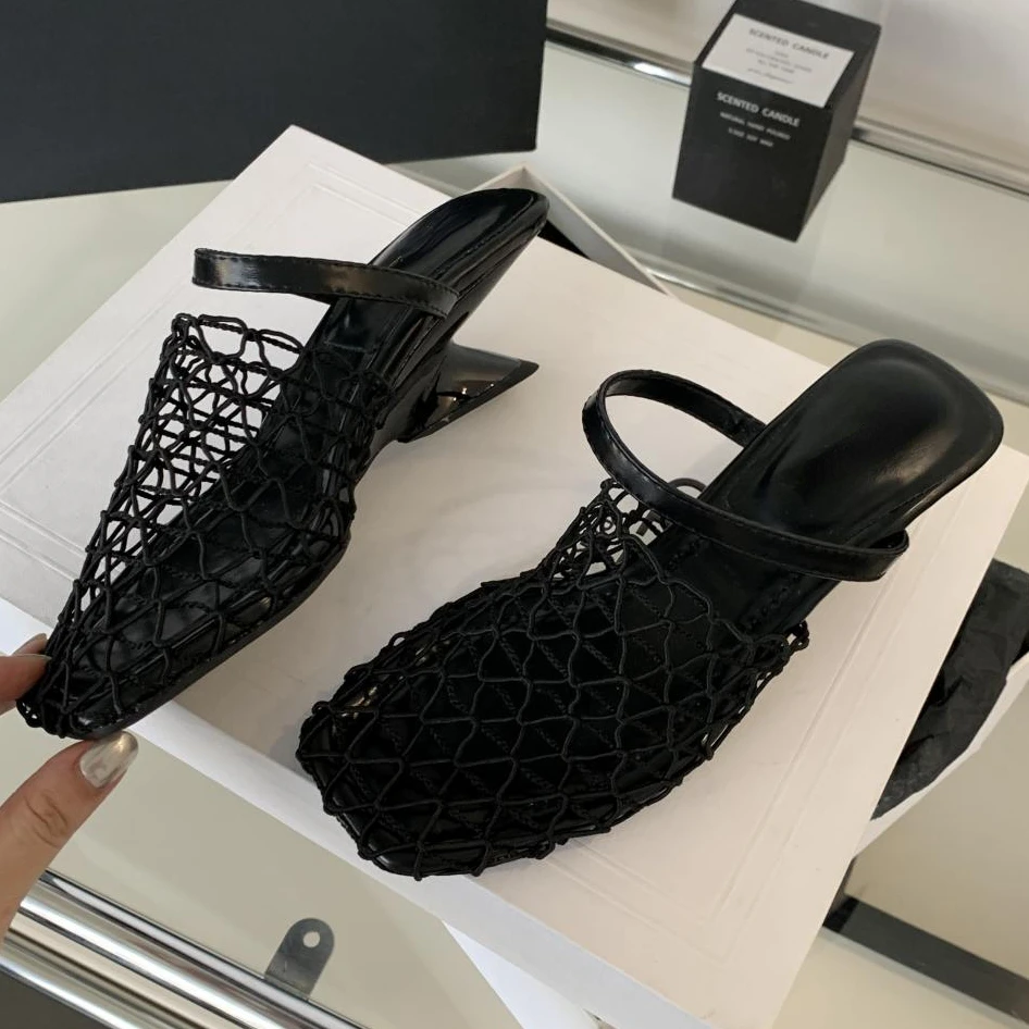 Mesh Wedge Sandals Women Square Toe Roman Sandals  Female Fashion Designer High Heels Skeleton Gold Meshes Mule Slippers Women