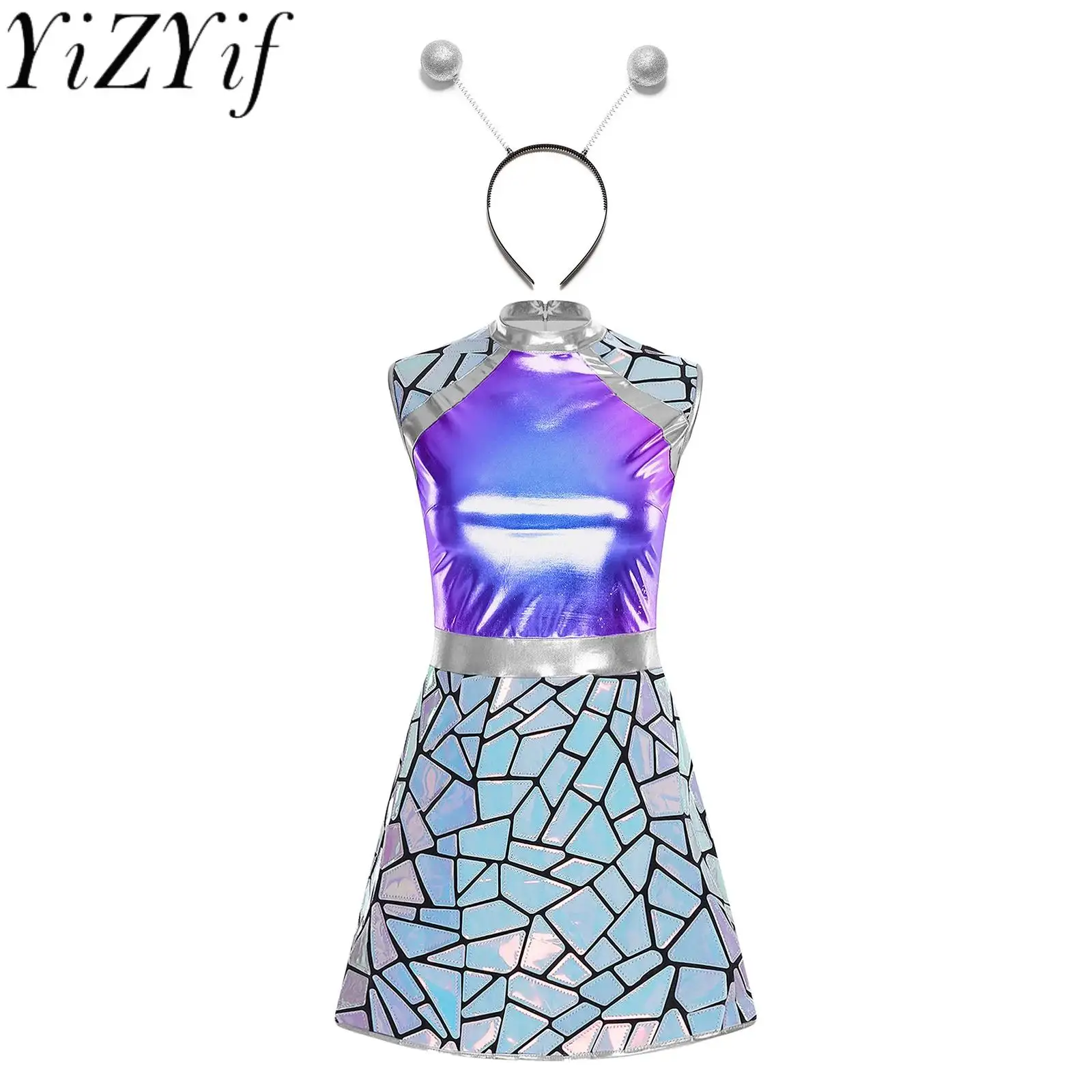 

Women Halloween Alien Robot Astronaut Cosplay Dresses with Headwear for Galaxy Traveler Space Carnival Warrior Cosplay Dress