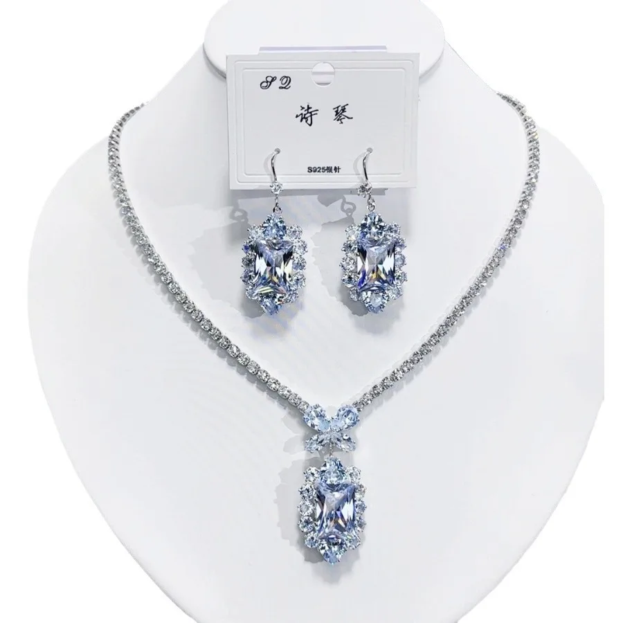Elegnt Cubic Zirconia Necklace Earrings Set Fashion S925 Silver Post Jewelry Sets for Women Bridal Jewellery Accessories