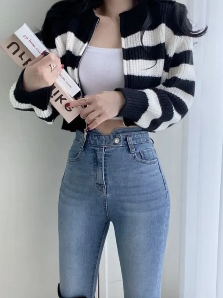 

Retro Striped Zipper Knitted Open Cardigan Women's Chic Small Faion Loose Versatile Long Sve Sweater Jaet