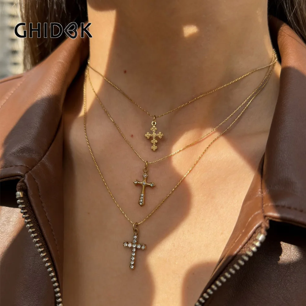 GHIDBK Stainless Steel Cross Pendant Rhinestone Necklace Women's Punk Catholic Christian Statement Jewelry Gifts