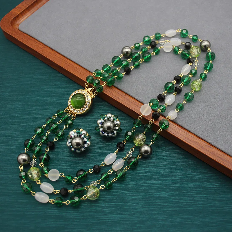 Vintage green glazed bead necklace buckle style necklace ear clip set