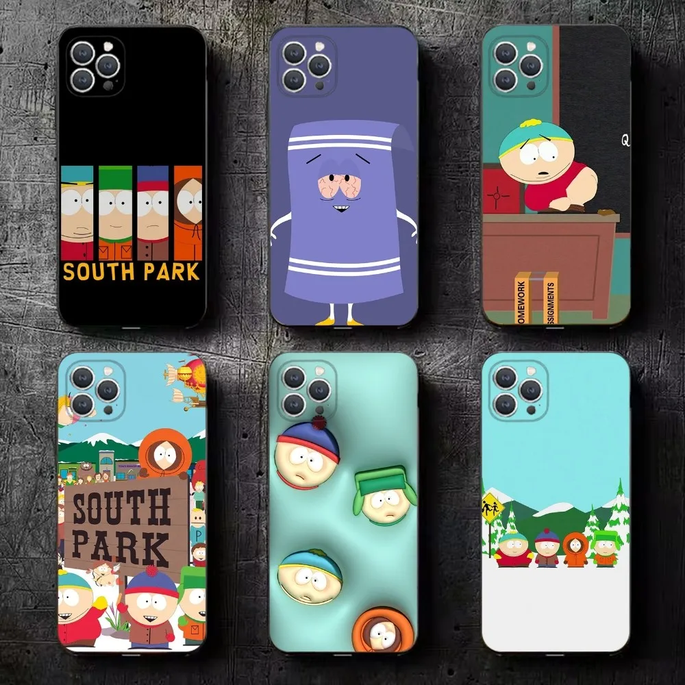 Cartoon S-South P-Park  Phone Case For iPhone 15,14,13,12,11,Plus,Pro Max,XS,X,XR,SE,Mini,8,7 Soft Silicone Black Cover