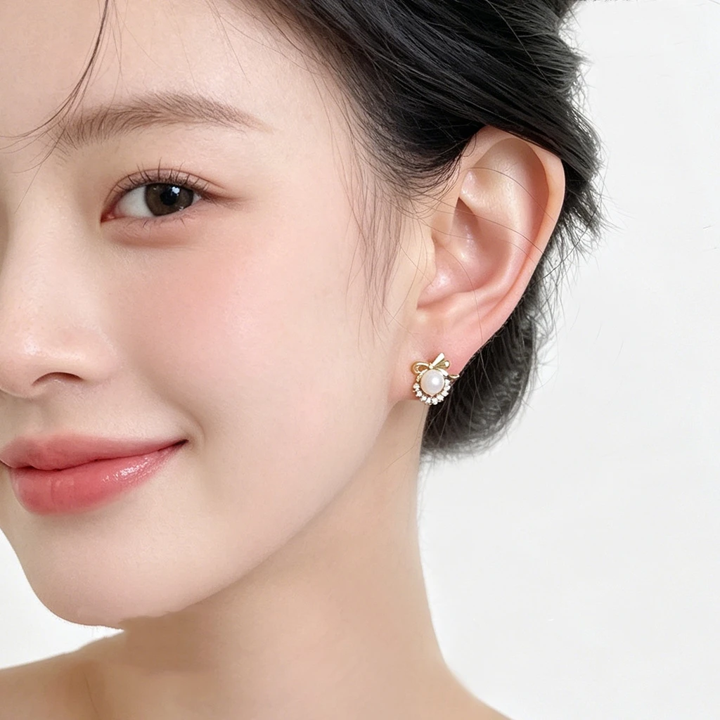14K Gold Plated Copper Bow Stud Earrings Round Resin Pearl With Paved Zircon Tiny Elegant Jewelry Gift For Women Daily Wear