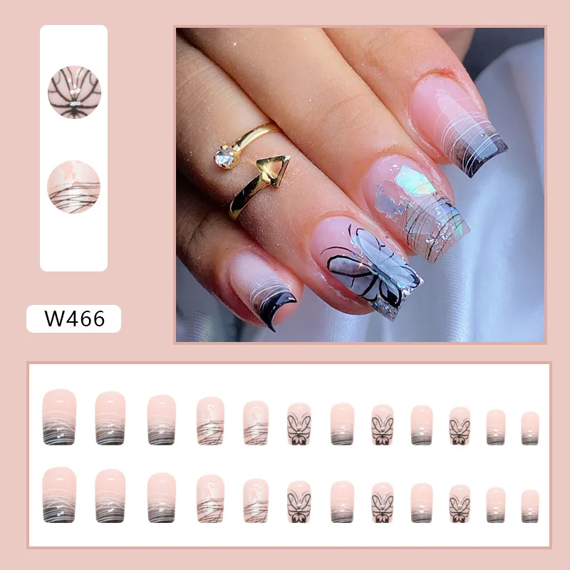 

24Pcs Medium Square Press on Nails - Black Ombre with Gothic Butterflies and Line Art | Dark Fashion Style for Women & Girls