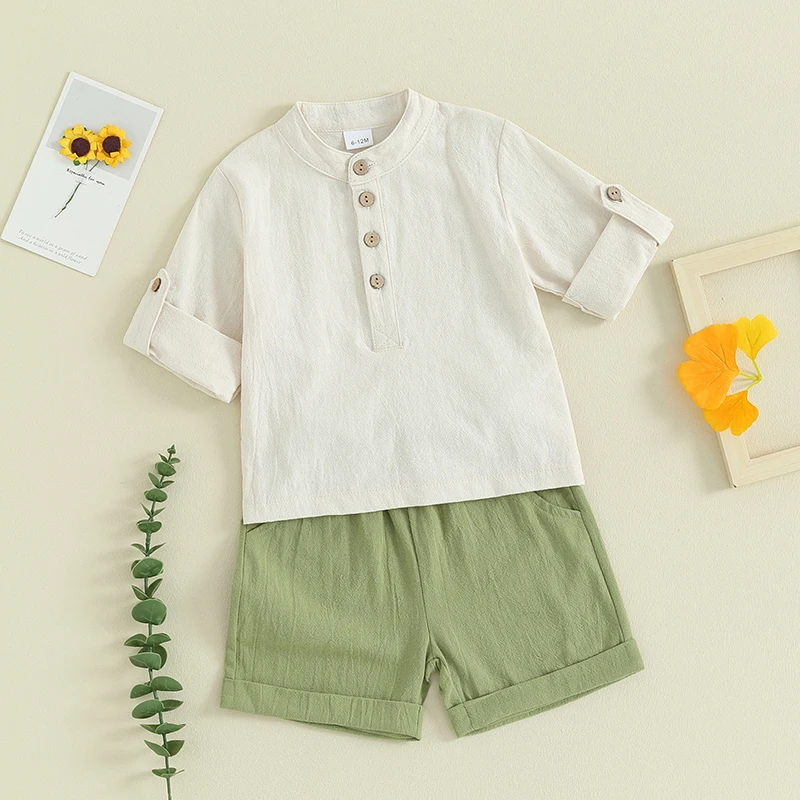 Toddler Baby Boy Clothes Cotton Linen Outfit Button Up Short Sleeve Shirts and Shorts Set Summer 1-4 Years