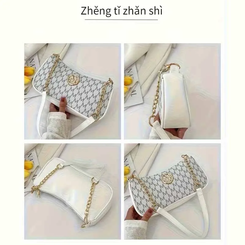 Damen Vintage M Monogramm Schultertasche mit Goldkette, PU-Leder Crossbody Baguette-Tasche, lässige Unterarm-Handtasche für den täglichen Gebrauch – Detail 3