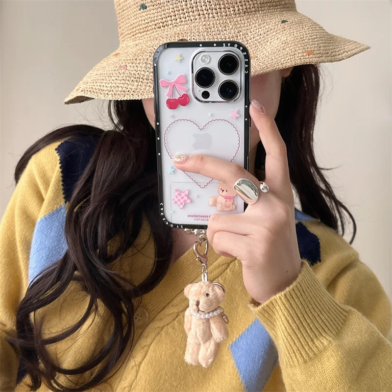 

Korean Line Love Heart Phone Case For iPhone 16 Pro 15 14 13 Pro Max Cover with Plush Rabbit Pendant Shockproof Cute Cases Coque