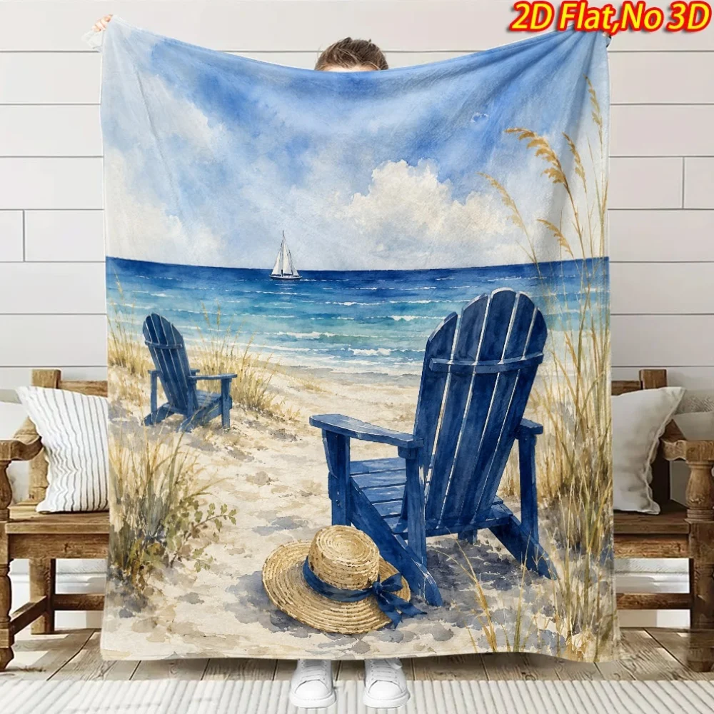 1pc 2D Flat Printing Spring And Summer New Arrival Beach Blue Chair Straw Hat Sail Watercolor Landscape Digital Print Blanket, A