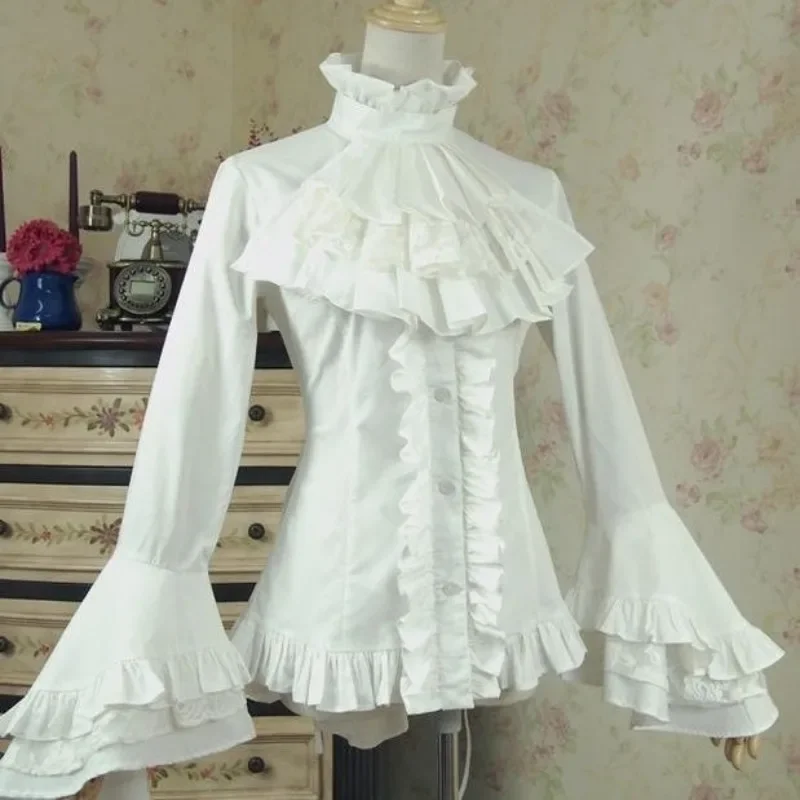 اليابانية القوطية نمط قمصان النساء خمر أنيقة طويلة الأكمام القوس بلوزة الإناث الفيكتوري الدانتيل الكشكشة طوق سليم القمم
