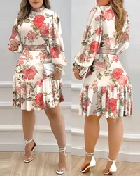 Autumn Women Floral Print Shirred Ruffle Dress 2022 Femme Casual Lantern Sleeve Robe Office Lady Dress Outfits Traf Vestid