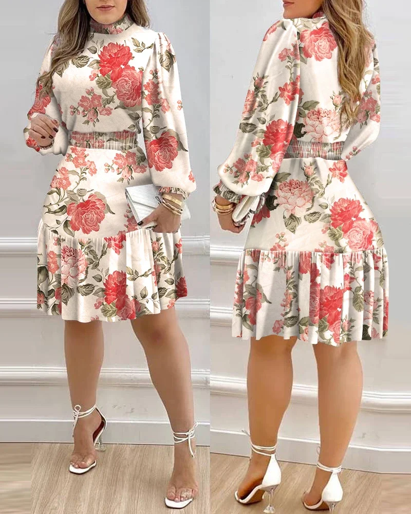 Jesień kobiety kwiatowy Print Shirred sukienka z lamówką 2022 Femme Casual latarnia rękaw szata urząd Lady Dress stroje Traf Vestid