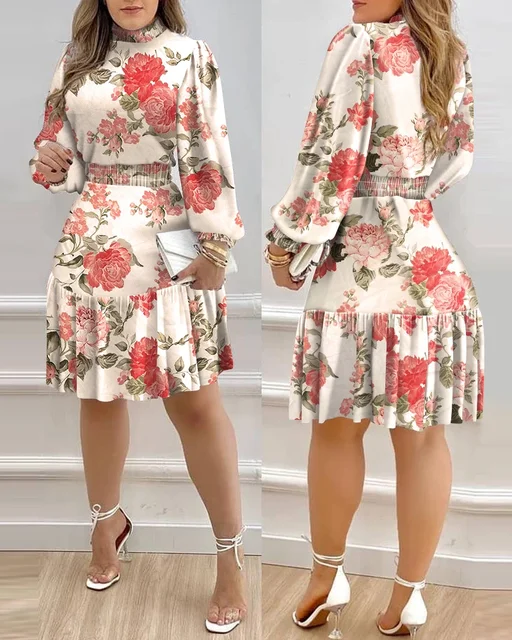 Jesień kobiety kwiatowy Print Shirred sukienka z lamówką 2022 Femme Casual latarnia rękaw szata urząd Lady Dress stroje Traf Vestid