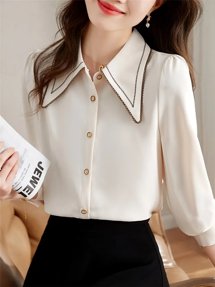 French Style Apricot Dress Shirt Women Tops Spring Autumn Office Lady Elegant Chic Long Sleeve Lapel Loose Button Blouse C2388