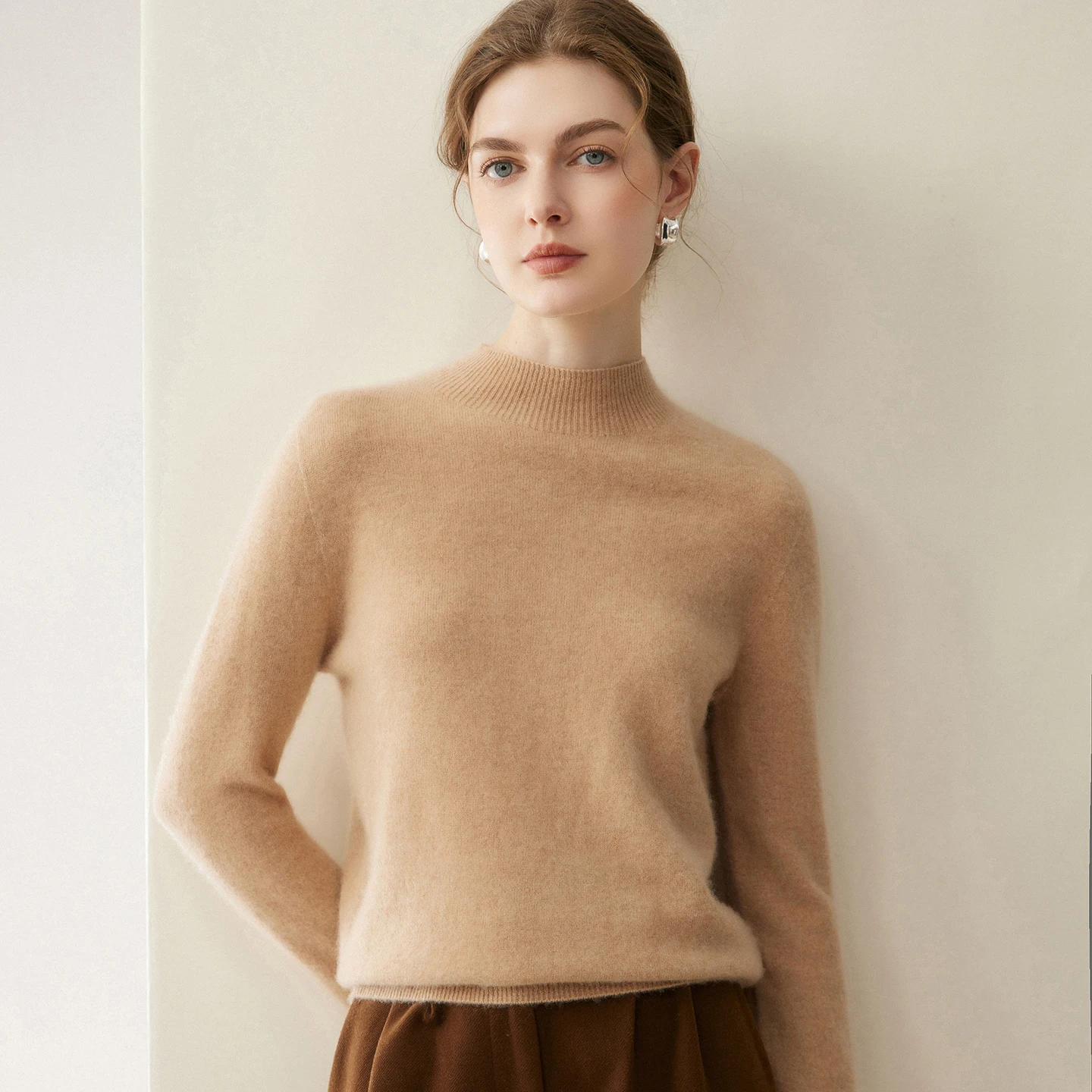 Women's High-end 100% Pure Cashmere Knitted Sweater Semi High Neck Pullover Tops Fashion Regular Style Warm Winter Base Layer...