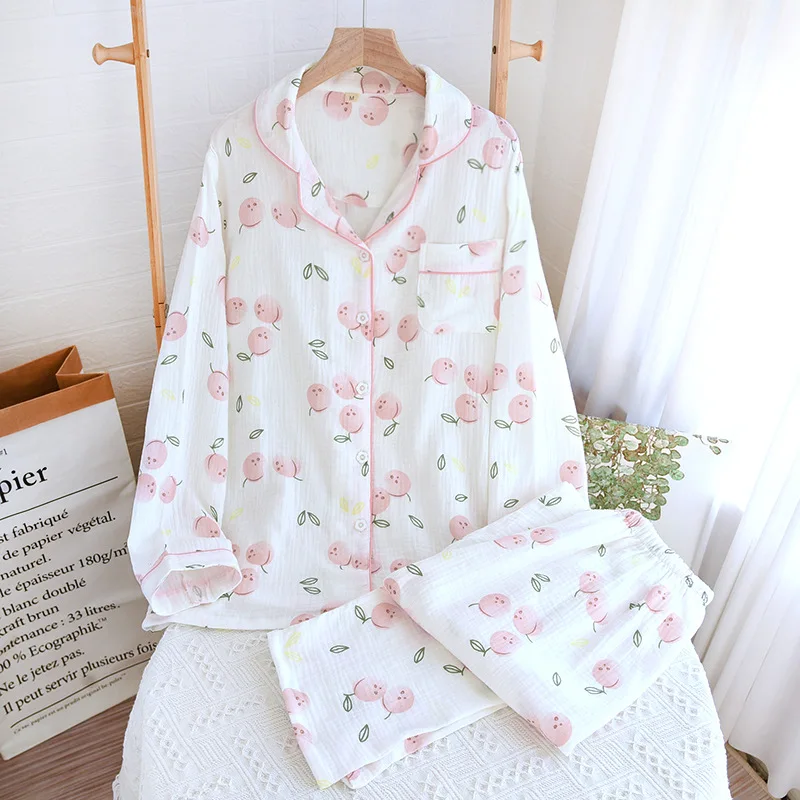 Conjunto de pijama con estampado para mujer, ropa de dormir y manga larga de algodón puro 2024, cárdigan fino y dulce, 100%