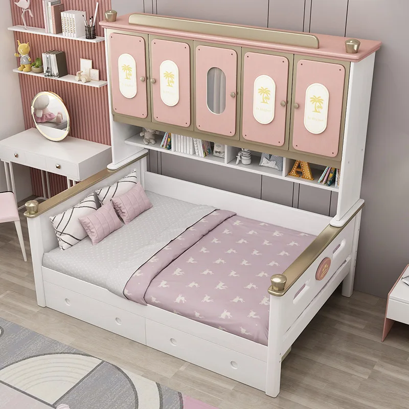 

All solid wood single bed with wardrobe cherry wood children's bed space saving wardrobe multi-function bed