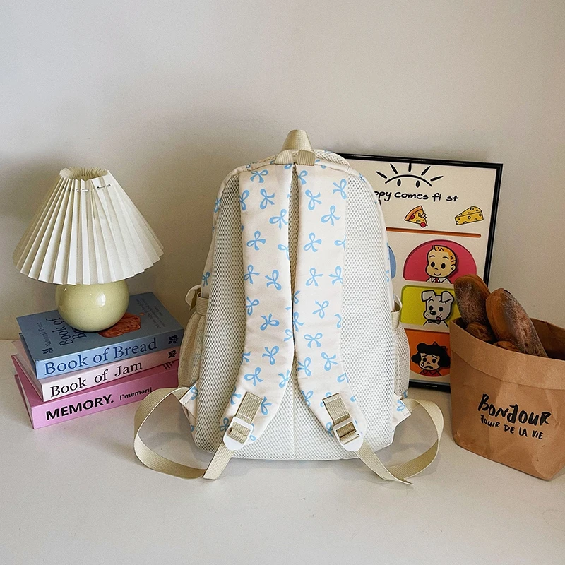 Ransel Motif Pita 3 Buah/Set dengan Tas Selempang dan Dompet Kecil Tas Buku Pelajar Pita Ransel Sederhana untuk Anak Menengah Dasar