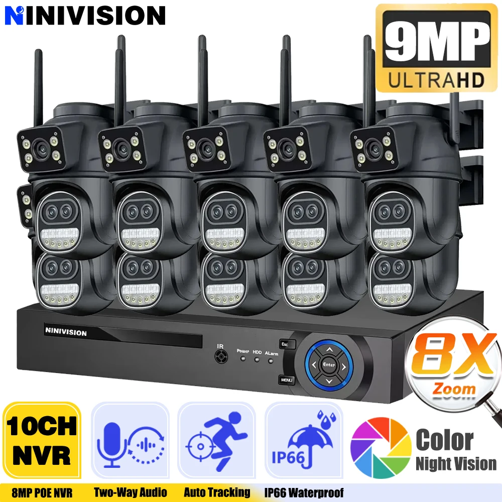 

Smart Video Surveillance System 10CH XMEye 10CH 4K POE NVR Kit Three Lens Auto Track 9MP WIFI Cameras 8X Zoom PTZ Wireless CCTV