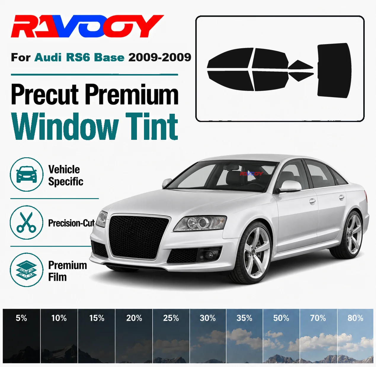 For Audi RS6 Base 2009-2009 RAVOOY Pre-Cut Window Tint Film Vehicle-Specific Full Kit Front & Rear Windows Precision-Cut