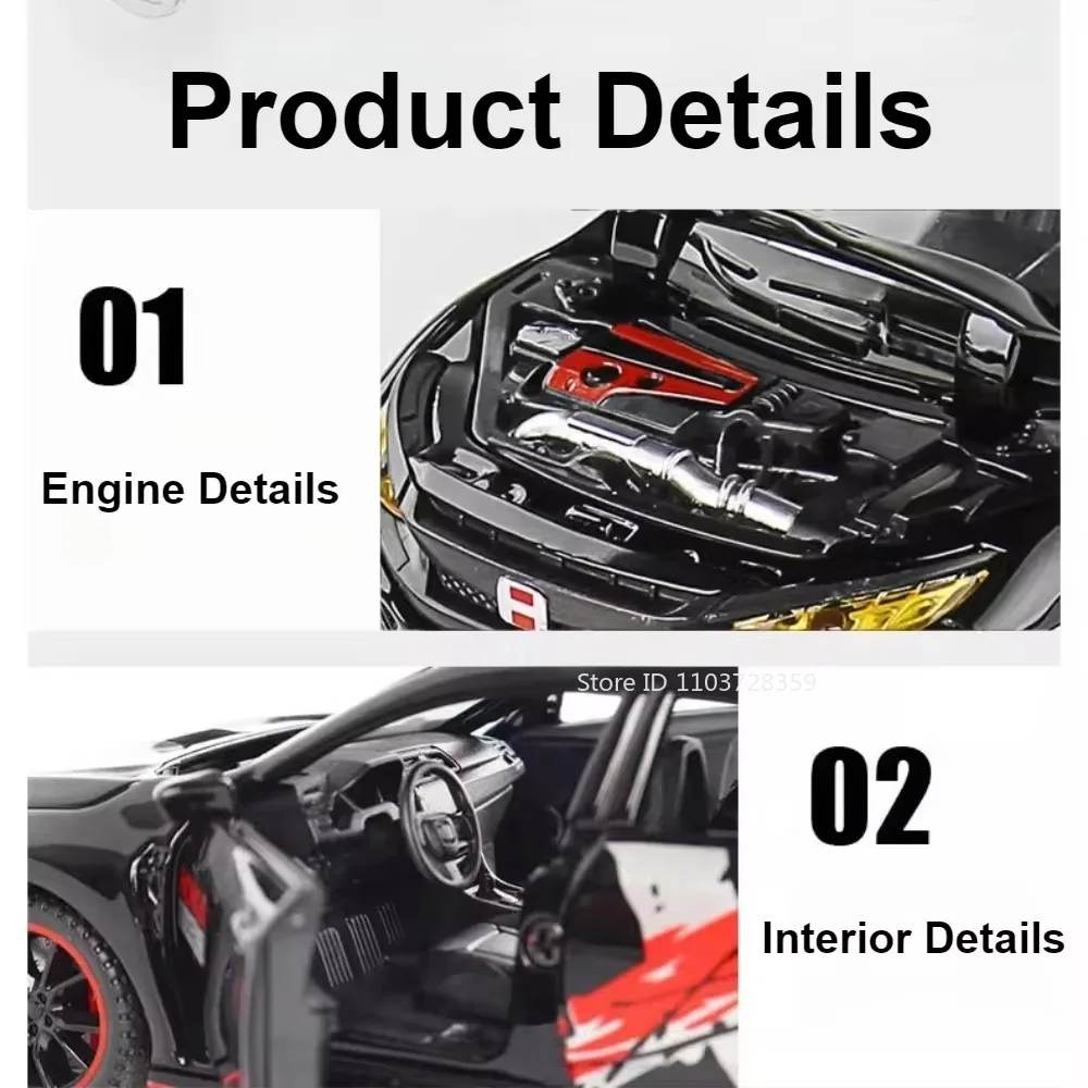 1:32 CIVIC TYPE-R Modelli di auto giocattolo Pressofuso in lega Mini veicoli Suono Luce Porte aperte Tirare indietro Ornamento Giocattoli per i regali dei bambini