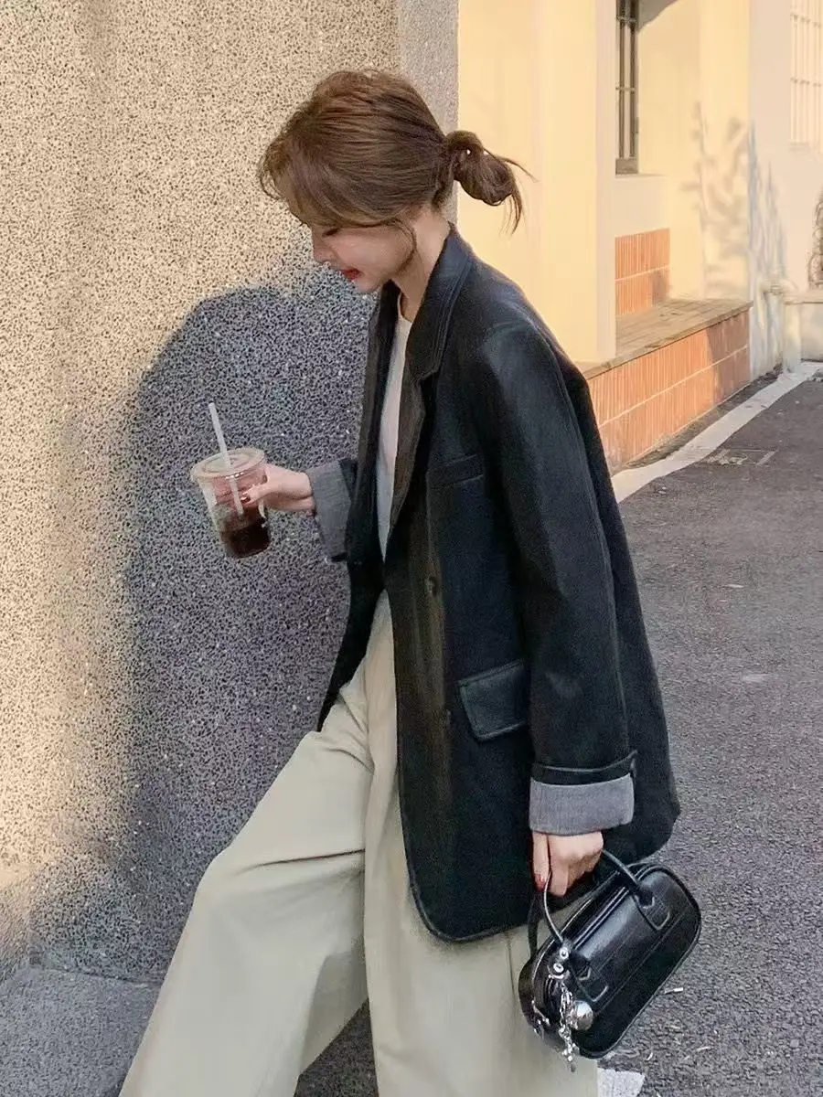 Women Faux Leather Suit Coats Solid Jacket Turn Down Collar Long Sleeve Double Breasted Loose Fit Office Lady Casual 2026 Autumn