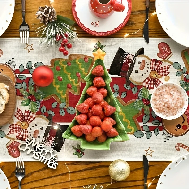 1pc, Dokriy, Gingerbread Snowman Christmas Table Runner, Seasonal Winter Tree Kitchen Dining Table Decoration for Home Party Dec