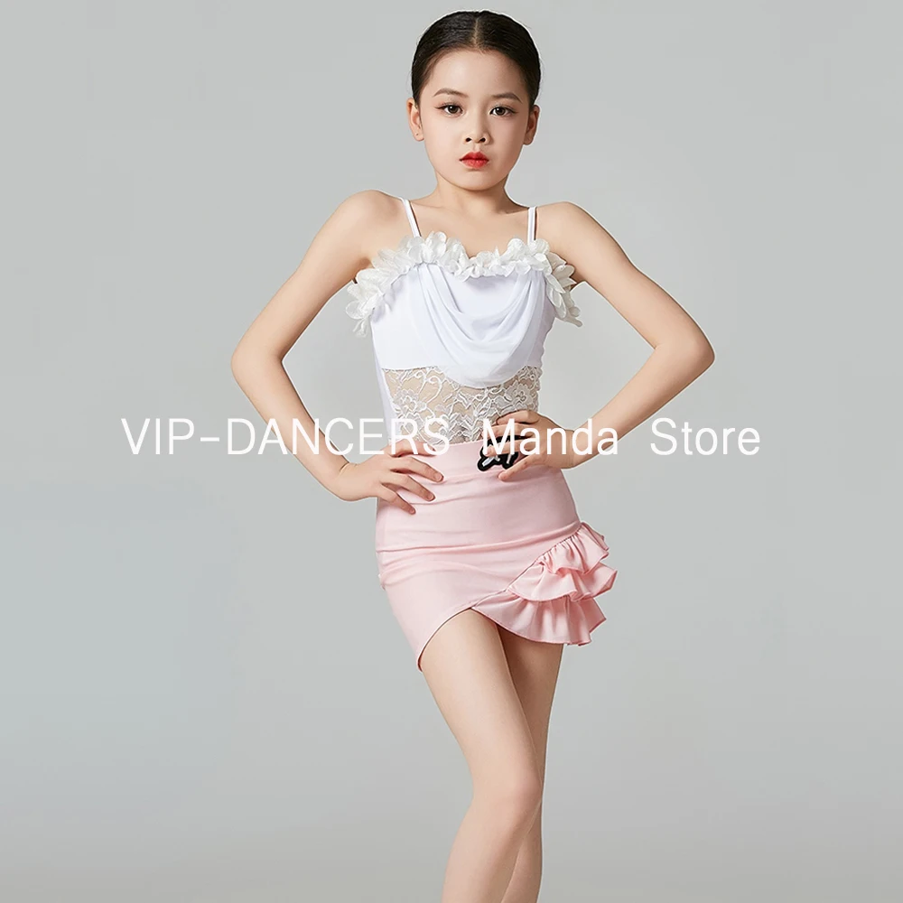 Summer Latin Dance Dress Girls Samba Cha Cha Dancing Competiton Suit Stage Performace Wear White Bodysuit Pink Skirt New VDL501